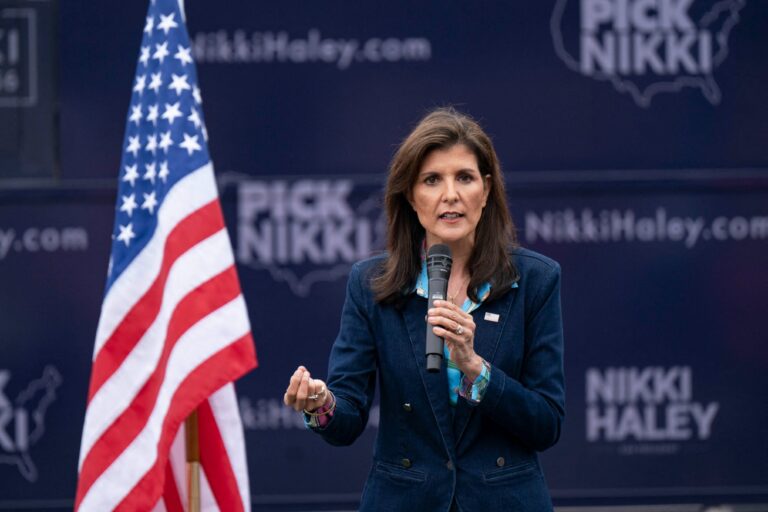 U.S. Republican presidential hopeful and former UN ambassador Nikki Haley speaks at a campaign event at Freshfields Village shopping center in Kiawah Island, South Carolina, on February 17, 2024. (ALLISON JOYCE/AFP via Getty Images)