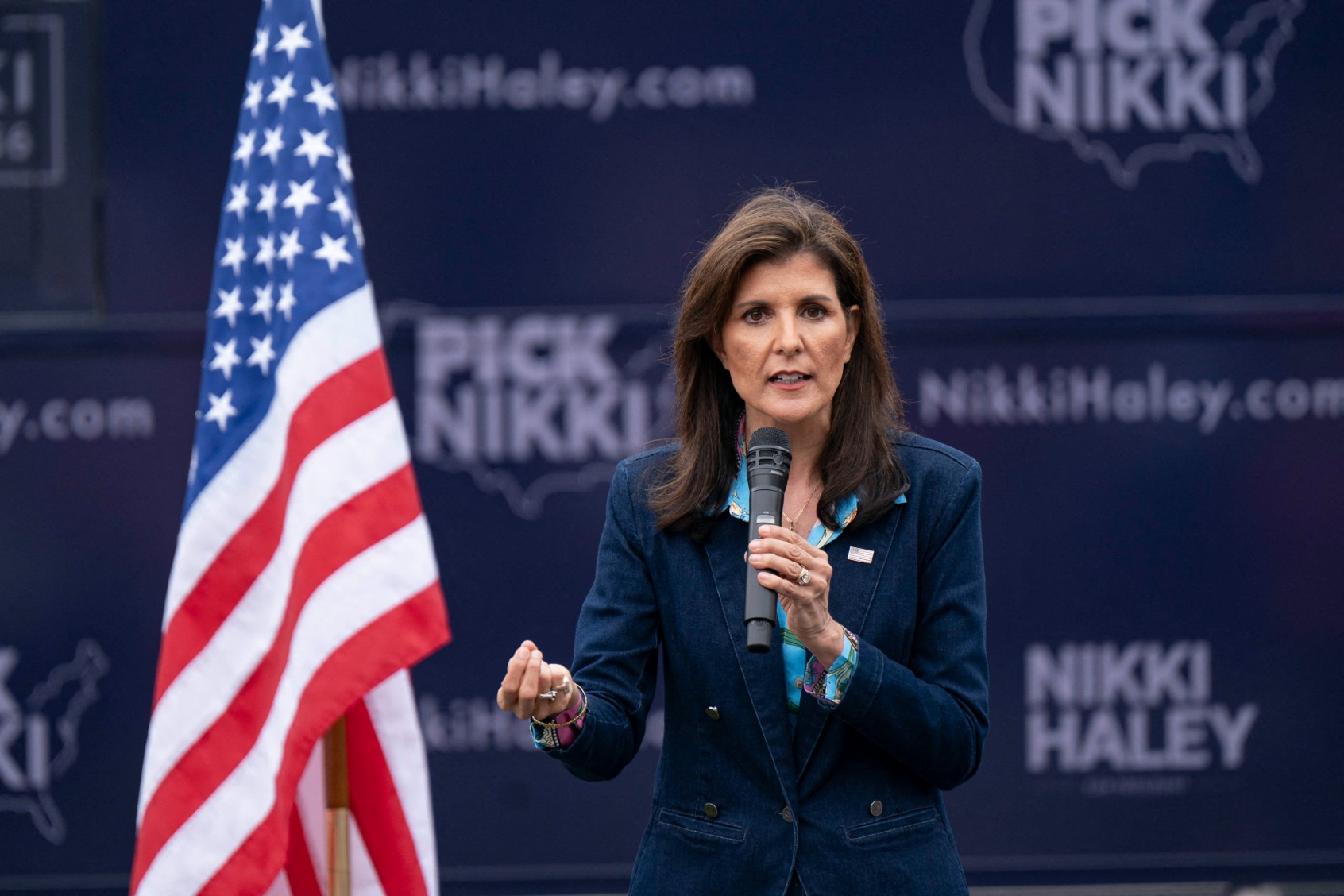 U.S. Republican presidential hopeful and former UN ambassador Nikki Haley speaks at a campaign event at Freshfields Village shopping center in Kiawah Island, South Carolina, on February 17, 2024. (ALLISON JOYCE/AFP via Getty Images)