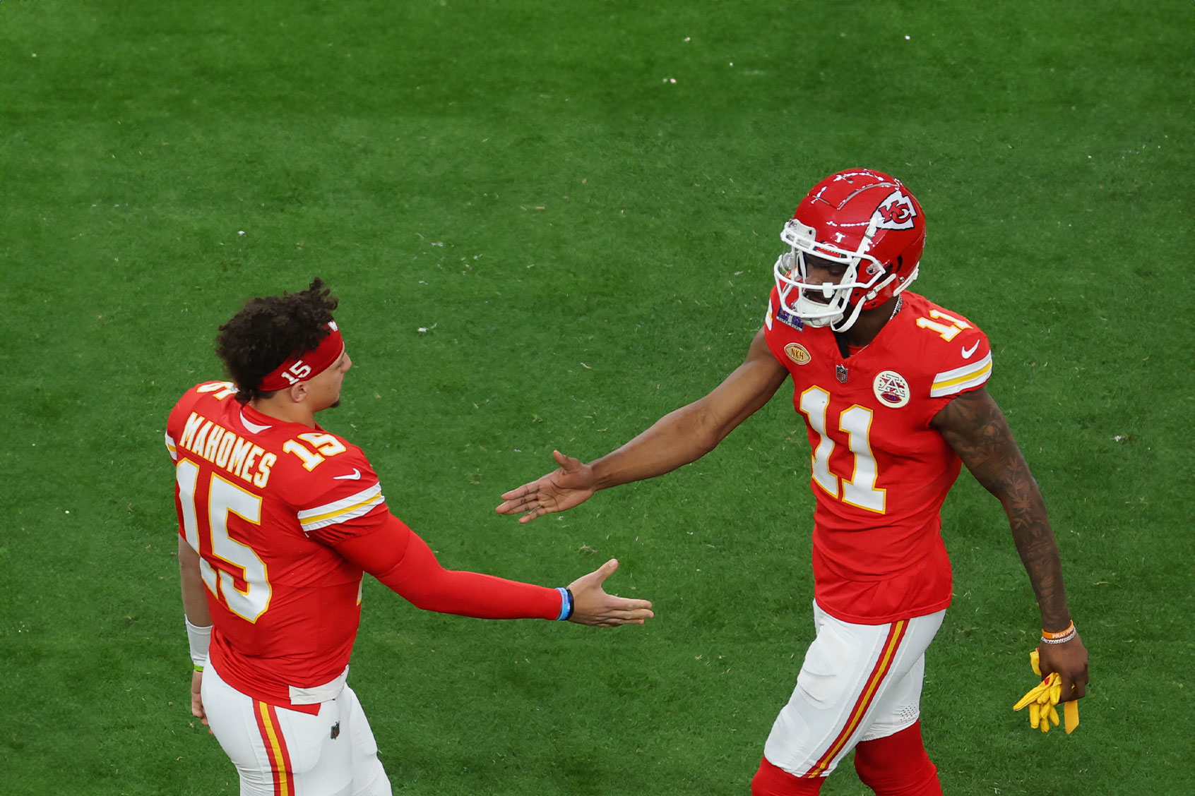 Patrick Mahomes #15 of the Kansas City Chiefs interacts with Marquez Valdes-Scantling #11 of the Kansas City Chiefs prior to the game Super Bowl LVIII against the San Francisco 49ers at Allegiant Stadium on February 11, 2024 in Las Vegas, Nevada. (Michael Reaves/Getty Images)