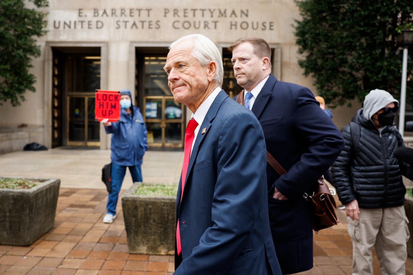 Peter Navarro (L), a former advisor to former U.S. President Donald Trump, departs the E. Barrett Prettyman Courthouse on January 25, 2024 in Washington, DC. (Anna Moneymaker/Getty Images)