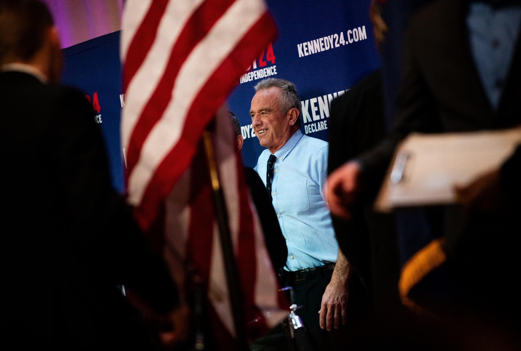 Independent presidential candidate Robert F. Kennedy Jr. poses with supporters during a meet and greet after a voter rally at St. Cecilia Music Center on February 10, 2024 in Grand Rapids, Michigan (Emily Elconin/Getty Images)