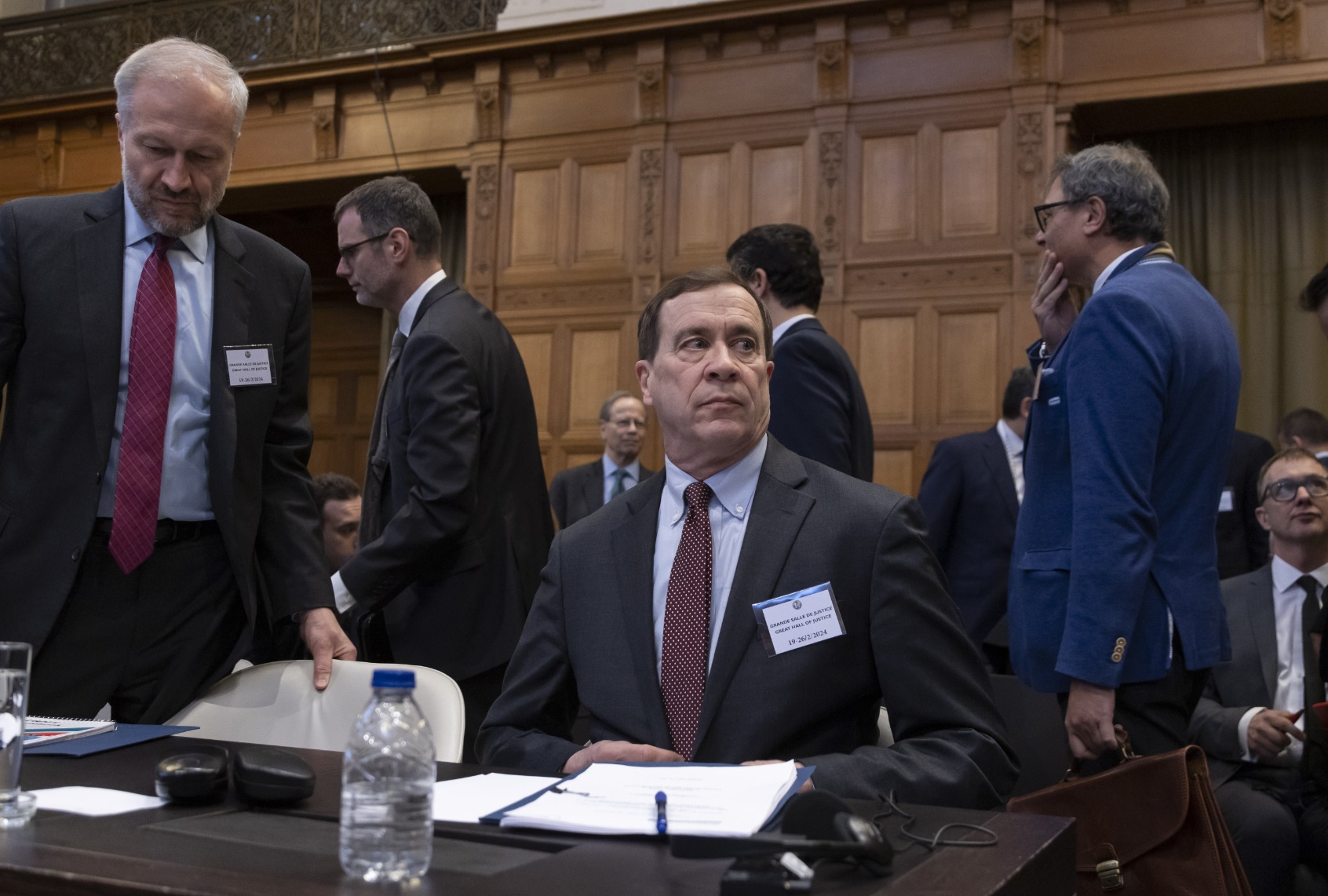 Richard c. Visek, Acting legal adviser, United States Department of State - USA (C) and members of the delegation of the United Arab Emirates attend the hearings on the advisory proceedings of the International Court of Justice (ICJ) on the legal consequences of Israel's practices in the Palestinian territories in The Hague, Netherlands on February 21, 2024. (Nikos Oikonomou/Anadolu via Getty Images)