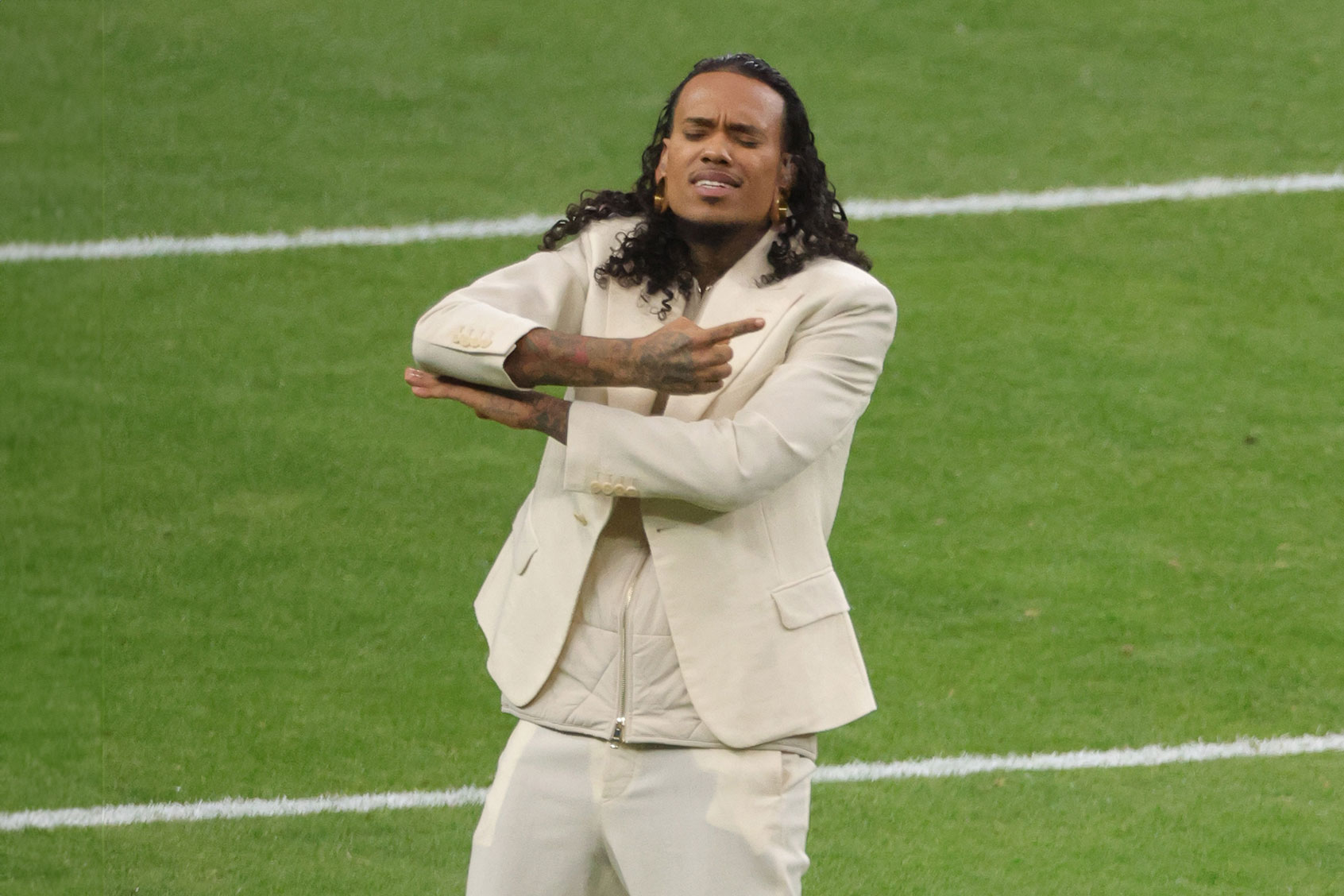 Shaheem Sanchez performs prior to Super Bowl LVIII at Allegiant Stadium on February 11, 2024 in Las Vegas, Nevada. (Ethan Miller/Getty Images)