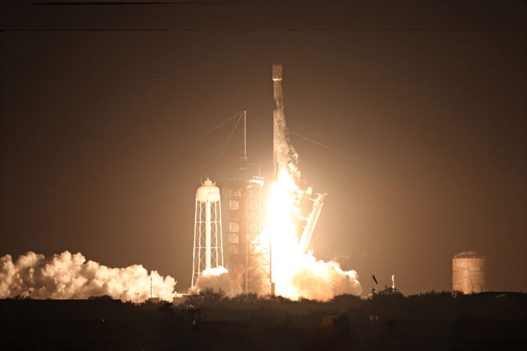 A SpaceX Falcon 9 rocket lifts off from launch pad LC-39A at the Kennedy Space Center with the Intuitive Machines' Nova-C moon lander mission, in Cape Canaveral, Florida, on February 15, 2024. (GREGG NEWTON/AFP via Getty Images)