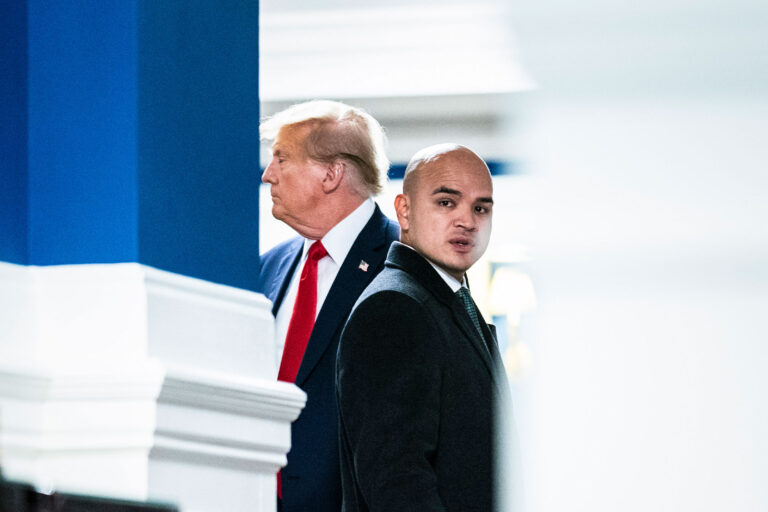 Walt Nauta arrives with former President Donald Trump before Trump speaks to reporters and members of the media at the Waldorf Astoria hotel after attending a hearing of the D.C. Circuit Court of Appeals at the federal courthouse on Tuesday, Jan. 09, 2024, in Washington, DC. (Jabin Botsford/The Washington Post via Getty Images)