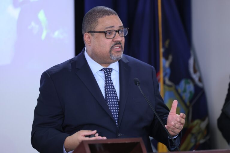 Manhattan District Attorney Alvin Bragg speaks during a press conference at the office of the District Attorneys on February 08, 2024 in New York City. (Michael M. Santiago/Getty Images)