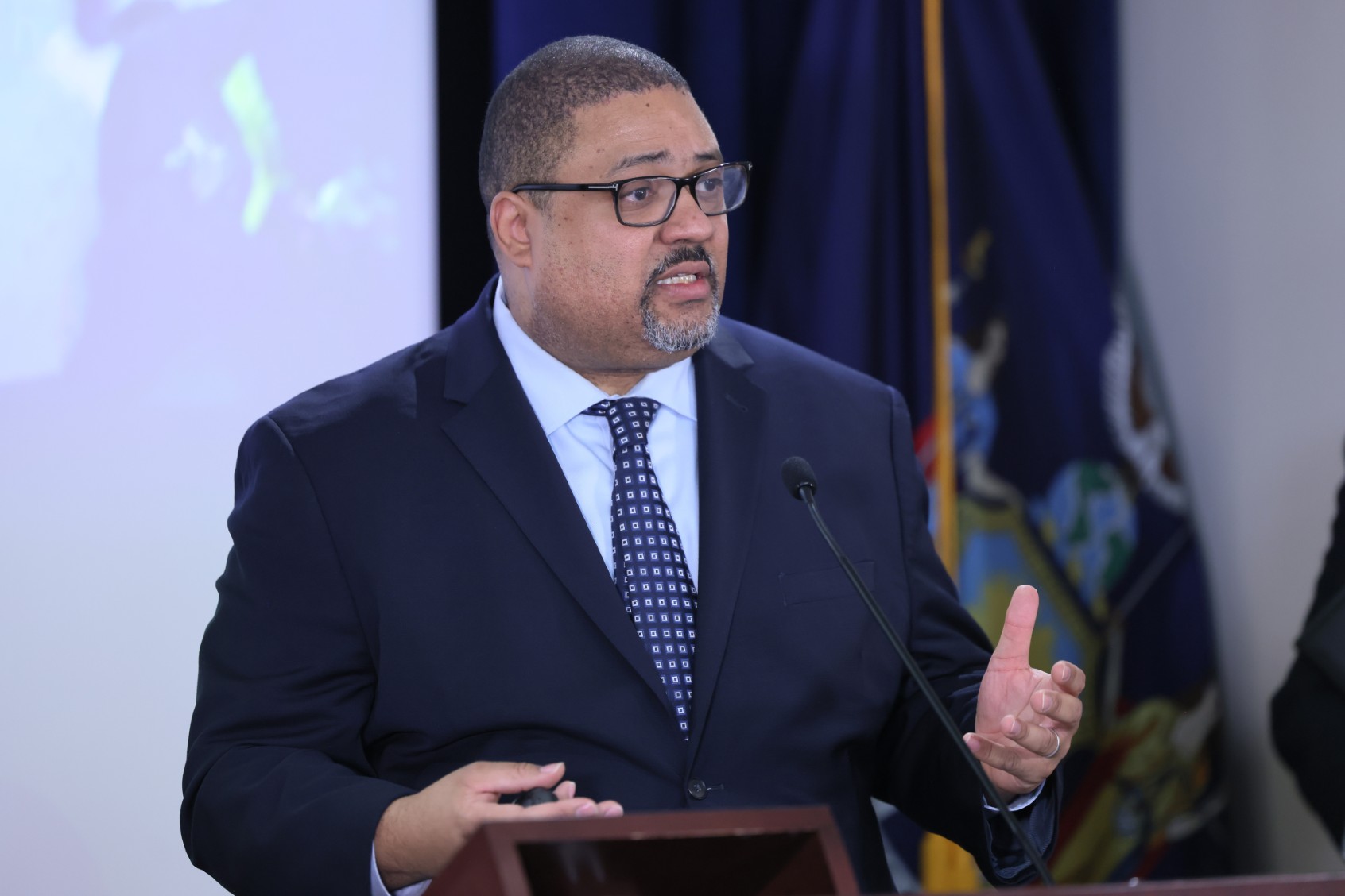 Manhattan District Attorney Alvin Bragg speaks during a press conference at the office of the District Attorneys on February 08, 2024 in New York City. (Michael M. Santiago/Getty Images)