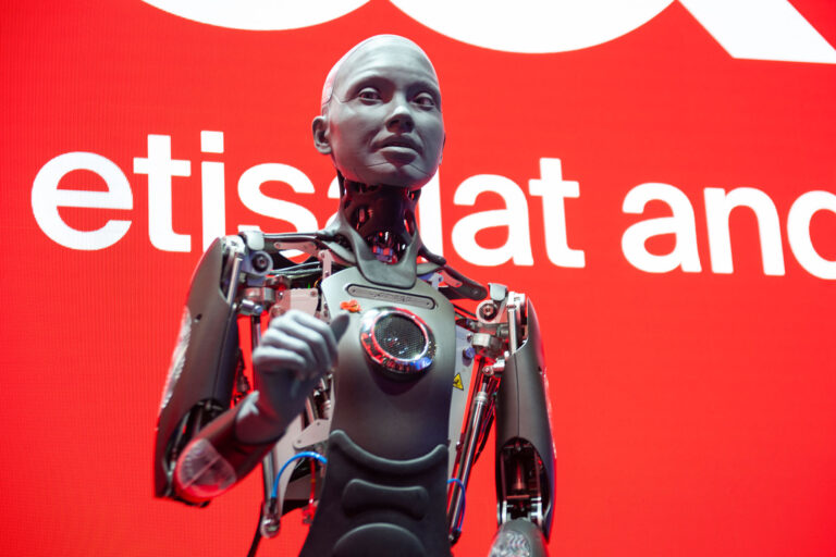 February 26, 2024, the Emirates Telecommunications Corporation, known as Etisalat, is holding a demonstration of an android at the Mobile World Congress. Alongside the android demonstration, the first flying car is being presented, and artificial intelligence applications are taking center stage. (Charlie Perez/NurPhoto via Getty Images)