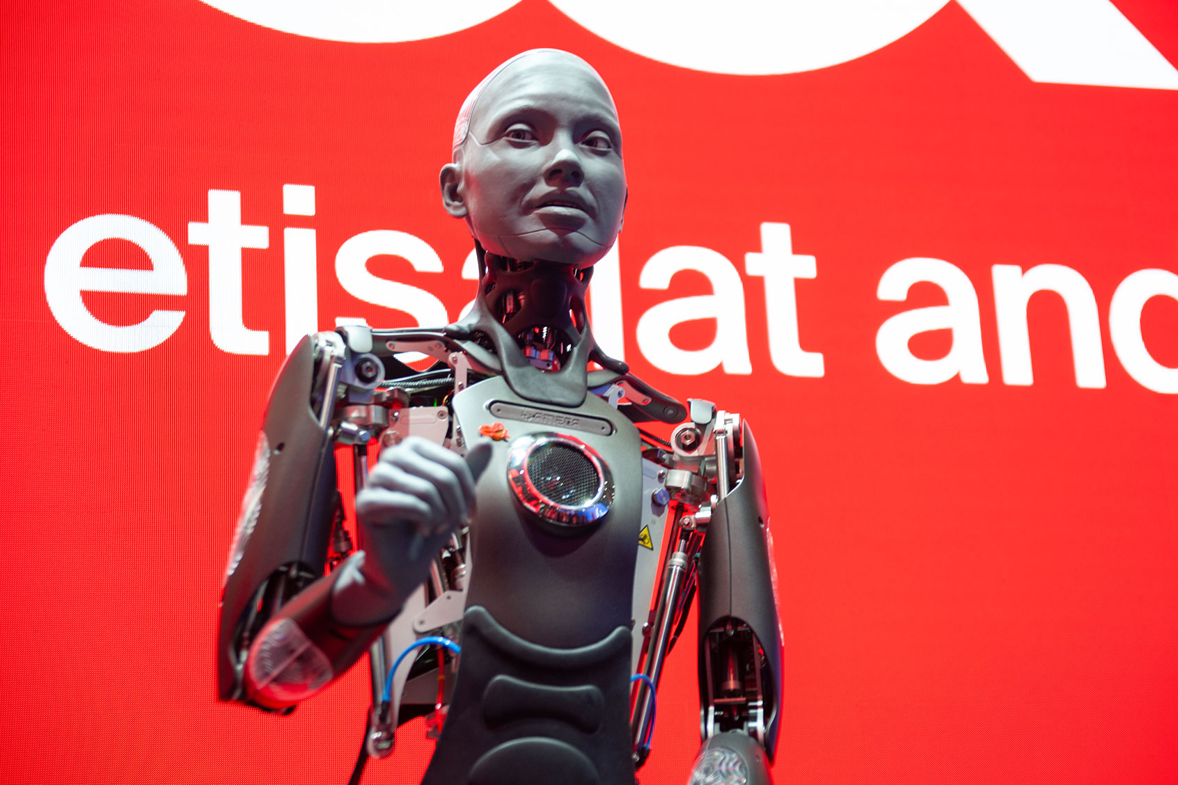 February 26, 2024, the Emirates Telecommunications Corporation, known as Etisalat, is holding a demonstration of an android at the Mobile World Congress. Alongside the android demonstration, the first flying car is being presented, and artificial intelligence applications are taking center stage. (Charlie Perez/NurPhoto via Getty Images)