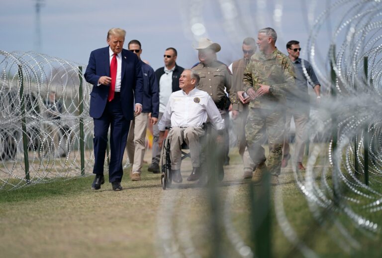 Former president Donald Trump speaks during a visit to Eagle Pass, Tex. on Thursday, Feb. 29, 2024. Trump is joined by Texas Gov. Greg Abbott. (Jabin Botsford/The Washington Post via Getty Images)