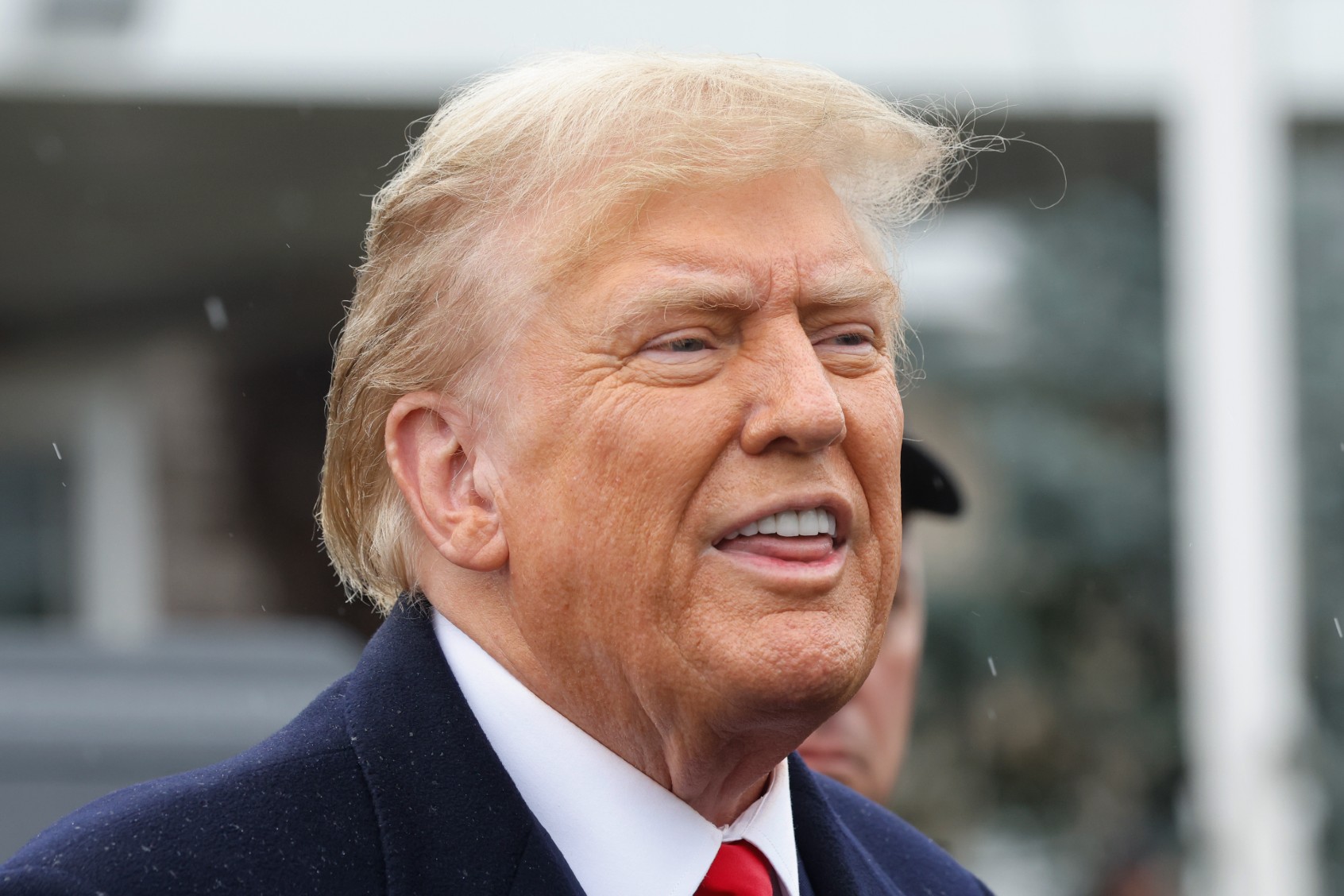 Former President Donald Trump gives a brief statement after attending the wake for slain NYPD Officer Jonathan Diller at the Massapequa Funeral Home on March 28, 2024 in Massapequa, New York. (Michael M. Santiago/Getty Images)