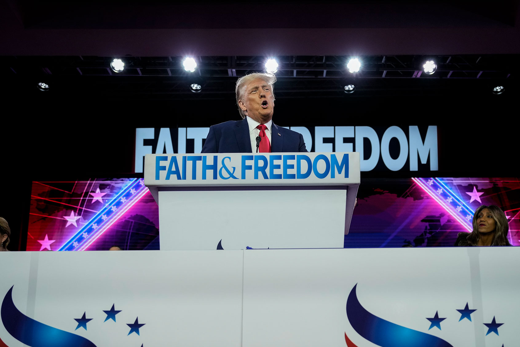 Republican presidential candidate former U.S. President Donald Trump speaks at the Faith and Freedom Road to Majority conference at the Washington Hilton on June 24, 2023 in Washington, DC. (Drew Angerer/Getty Images)
