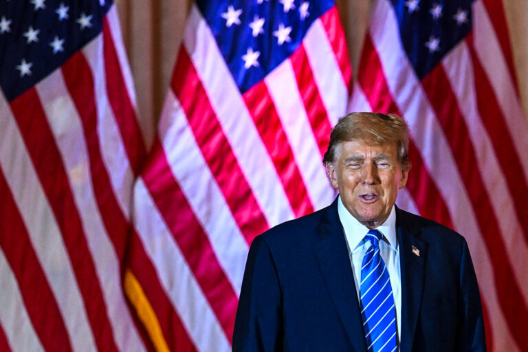 Former US President and 2024 presidential hopeful Donald Trump arrives to speak during a Super Tuesday election night watch party at Mar-a-Lago Club in Palm Beach, Florida, on March 5, 2024. (CHANDAN KHANNA/AFP via Getty Images)