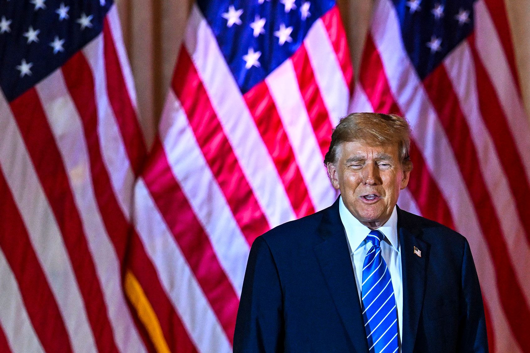 Former US President and 2024 presidential hopeful Donald Trump arrives to speak during a Super Tuesday election night watch party at Mar-a-Lago Club in Palm Beach, Florida, on March 5, 2024. (CHANDAN KHANNA/AFP via Getty Images)