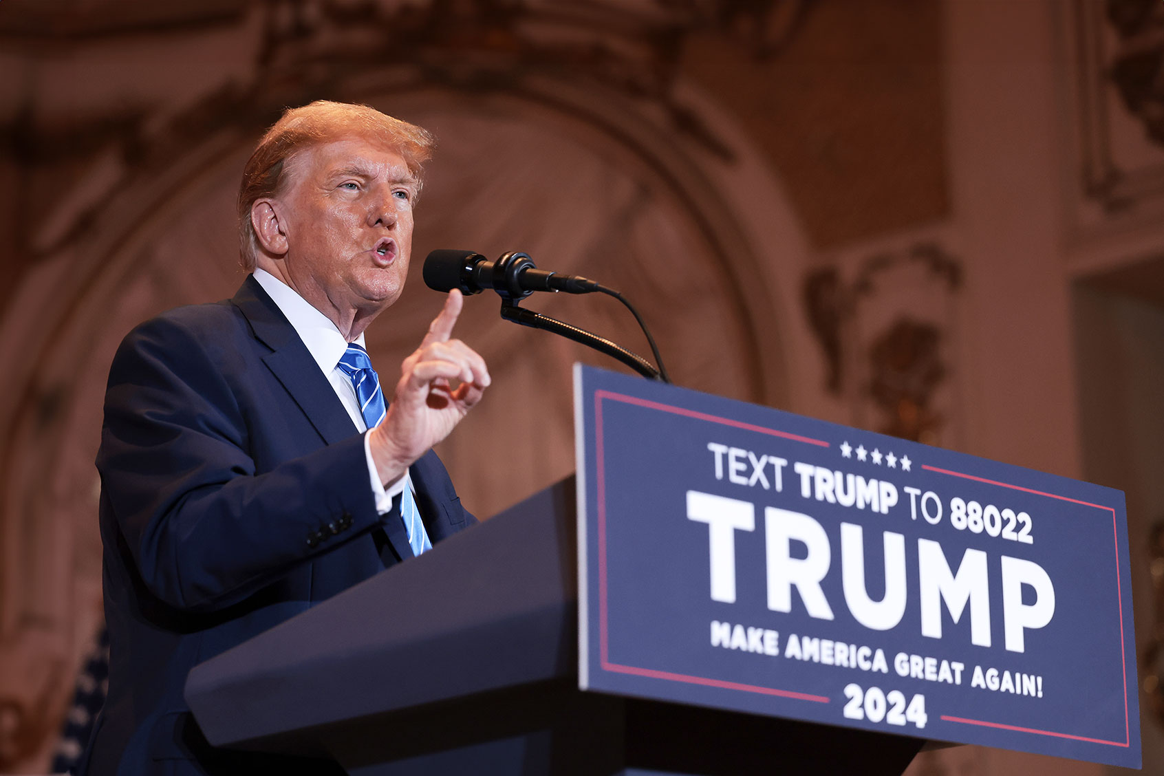 Republican presidential candidate, former President Donald Trump speaks at an election-night watch party at Mar-a-Lago on March 5, 2024 in West Palm Beach, Florida. Sixteen states held their primaries and caucuses today as part of Super Tuesday. (Photo by (Win McNamee/Getty Images)