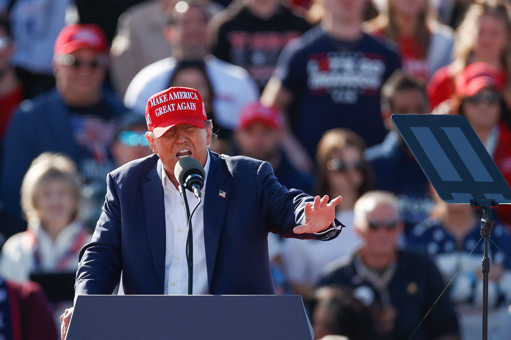 Former US President and Republican presidential candidate Donald Trump speaks during a Buckeye Values PAC Rally in Vandalia, Ohio, on March 16, 2024. (KAMIL KRZACZYNSKI/AFP via Getty Images)