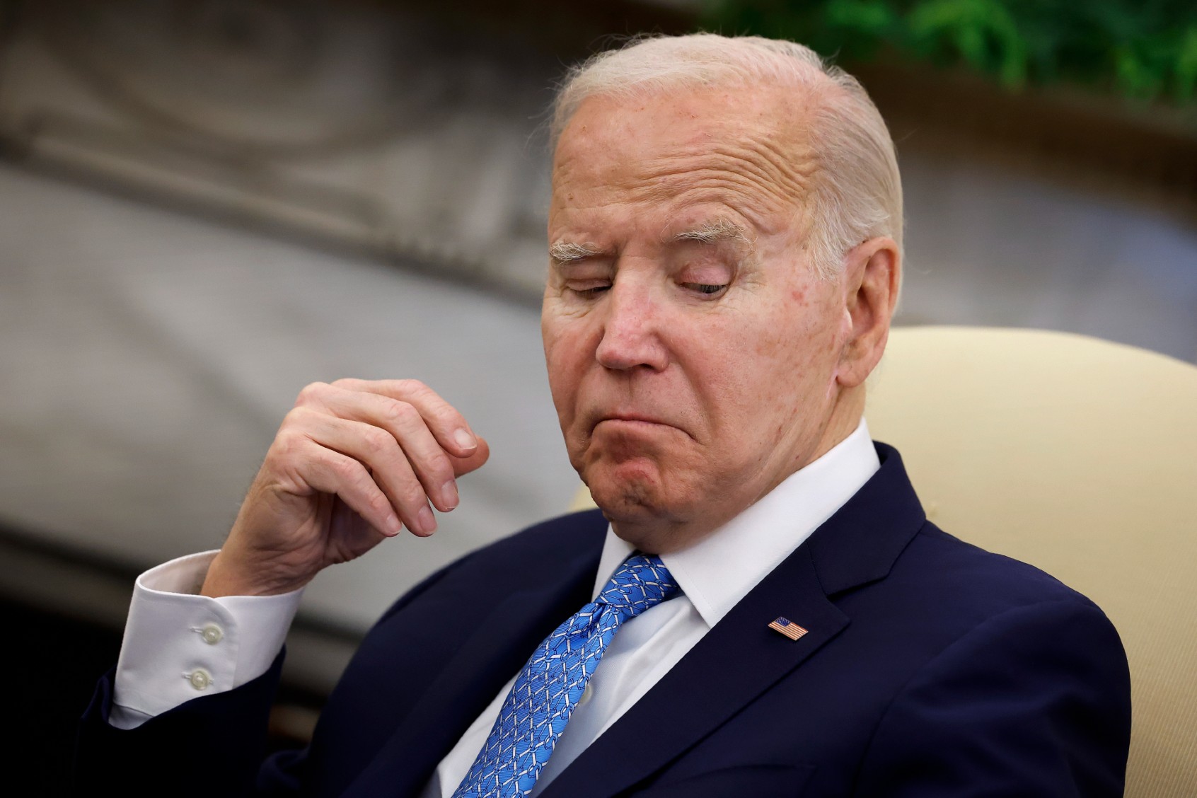 U.S. President Joe Biden listens to prepared remarks during a meeting with Italian Prime Minister Giorgia Meloni in the Oval Office at the White House on March 01, 2024 in Washington, DC. ( Chip Somodevilla/Getty Images)