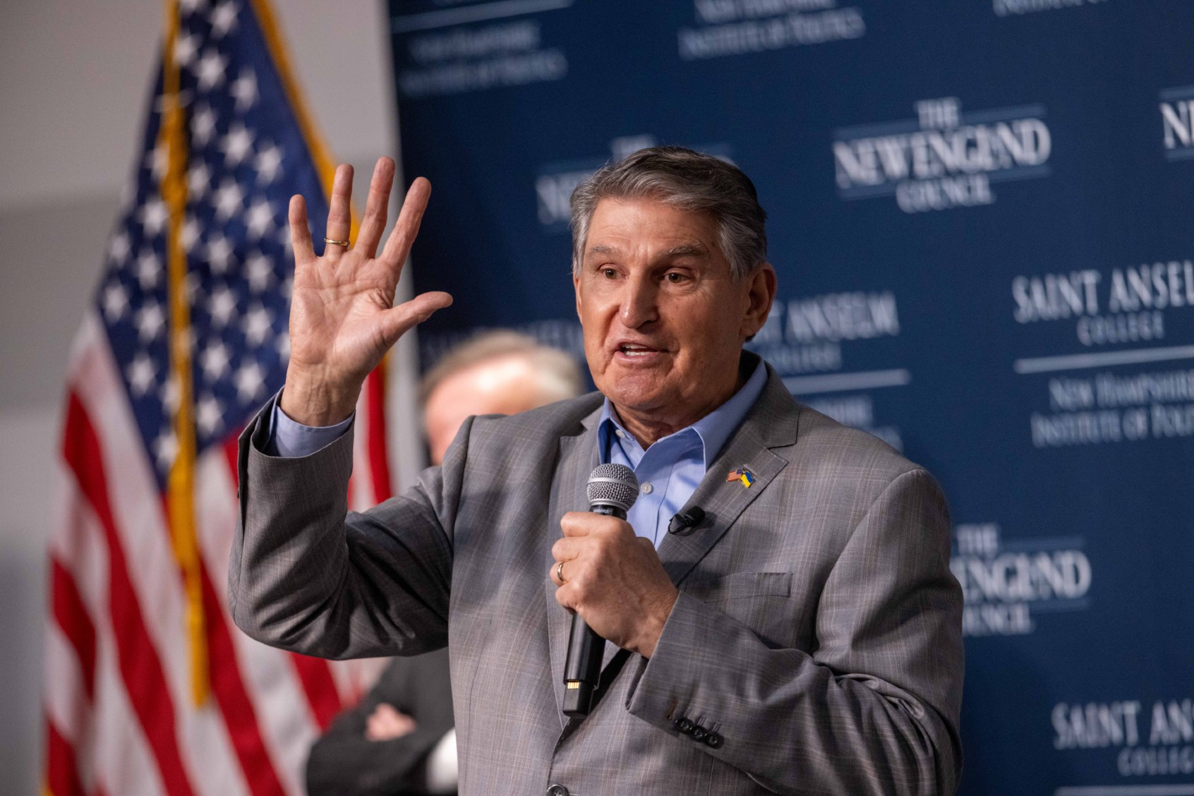 Sen. Joe Manchin (D-WV) speaks during a "Politics & Eggs" event at the New Hampshire Institute Politics at St. Anselm College on January 12, 2024 in Manchester, New Hampshire. (Scott Eisen/Getty Images)