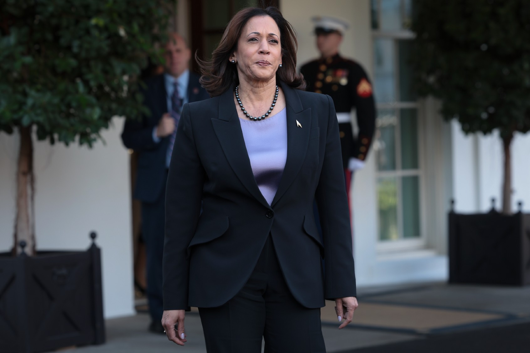 U.S. Vice President Kamala Harris walks toward members of the media outside the White House on November 08, 2023 in Washington, DC. (Win McNamee/Getty Images)