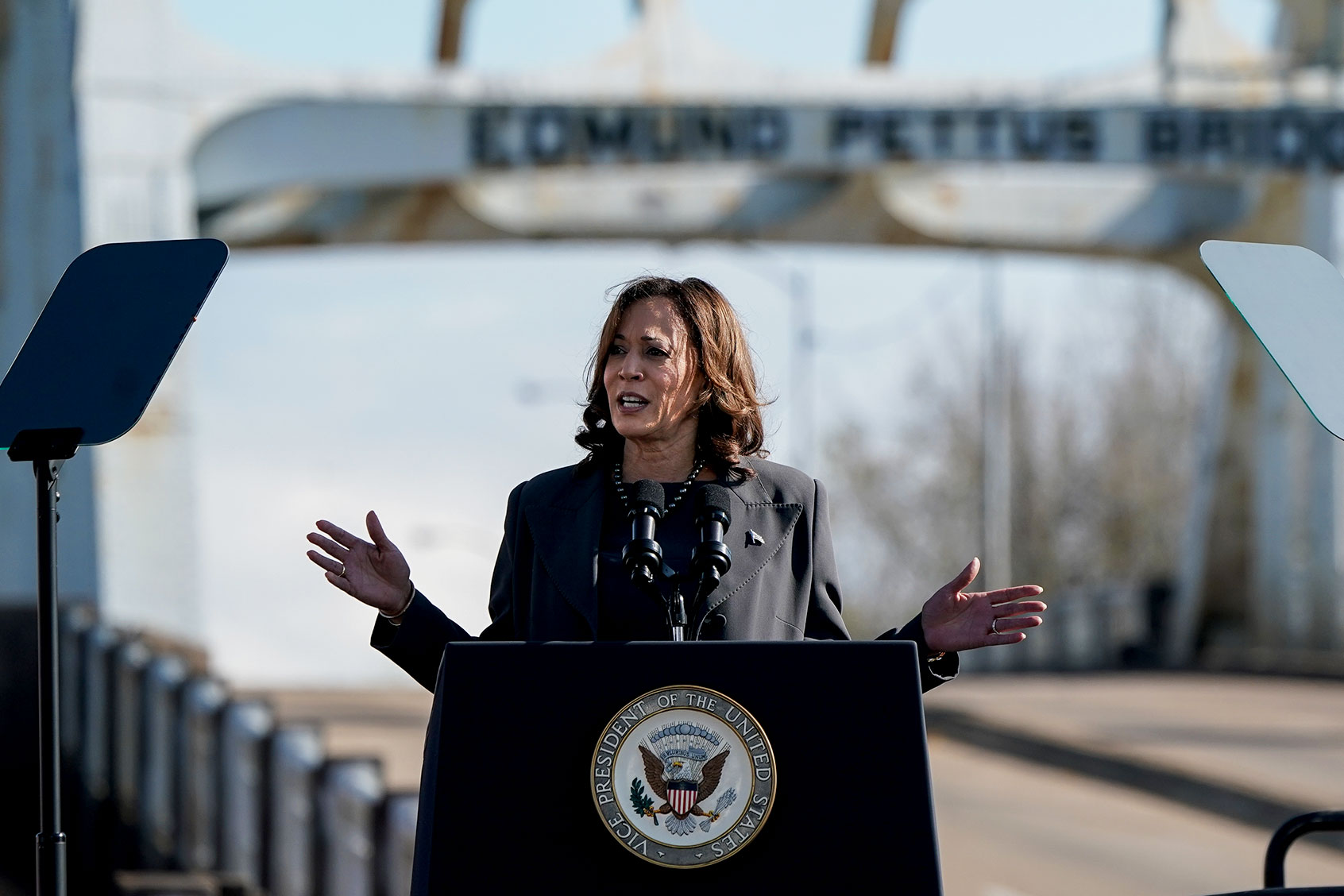 U.S. Vice President Kamala Harris speaks on the 59th commemoration of the Bloody Sunday Selma bridge crossing on March 3, 2024 in Selma, Alabama. (Elijah Nouvelage/Getty Images)