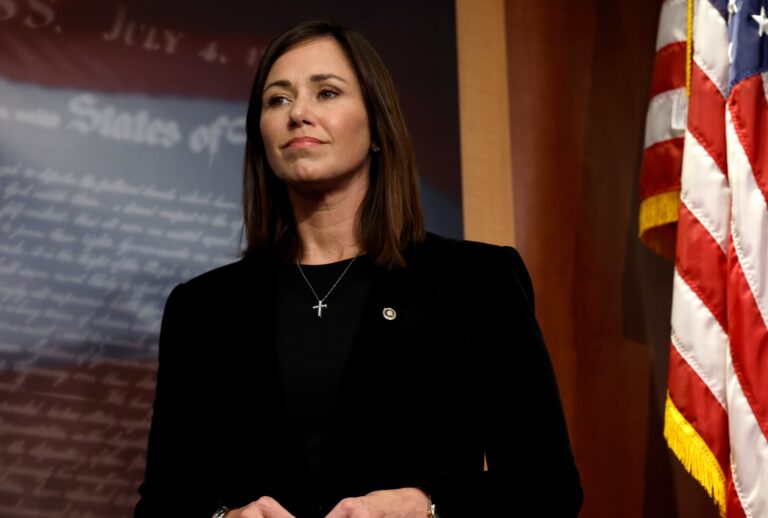 Sen. Katie Britt (R-AL) listens during a news conference on border security at the U.S. Capitol Building on September 27, 2023 in Washington, DC. (Anna Moneymaker/Getty Images)