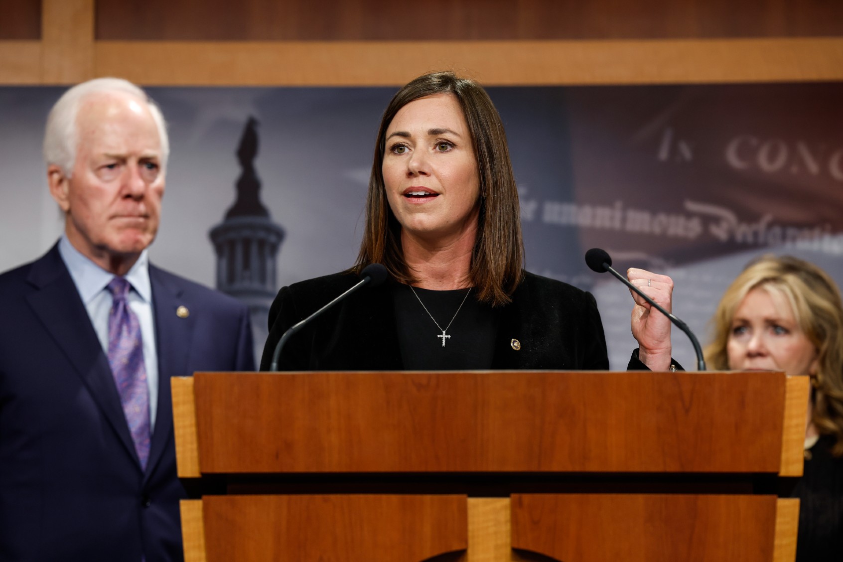 Sen. Katie Britt (R-AL) speaks during a news conference on border security at the U.S. Capitol Building on September 27, 2023 in Washington, DC. (Anna Moneymaker/Getty Images)