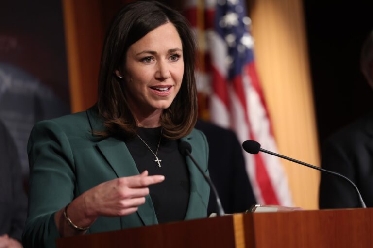 U.S. Sen. Katie Britt (R-AL) speaks at a press conference on border security at the U.S. Capitol on December 07, 2023 in Washington, DC. (Kevin Dietsch/Getty Images)