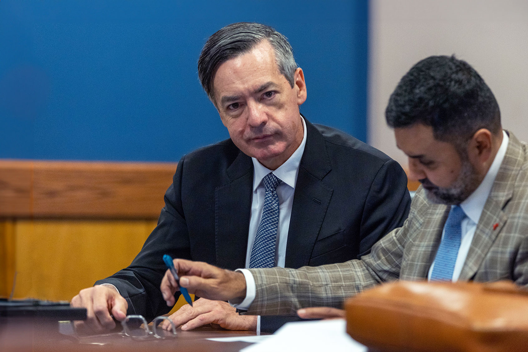 Kenneth Chesebro sits with his attorney Manny Arora during a hearing where Chesebro accepted a plea deal from the Fulton County District Attorney in front of Fulton County Superior Judge Scott McAfee at the Fulton County Courthouse October 20, 2023 in Atlanta, Georgia. (Alyssa Pointer/Getty Images)