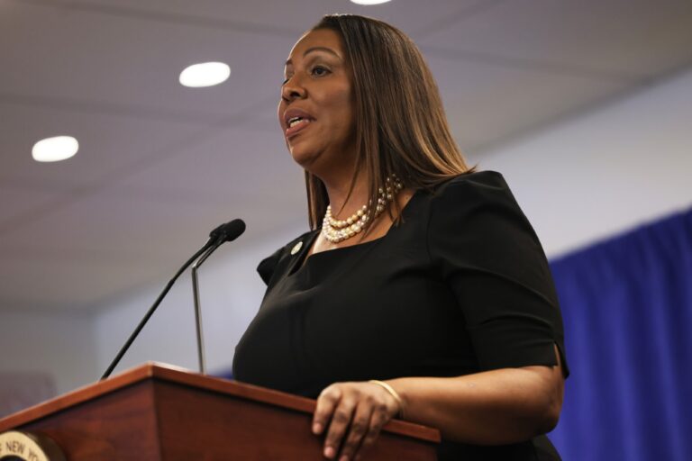 Attorney General Letitia James speaks during a press conference following a verdict against former U.S. President Donald Trump in a civil fraud trial on February 16, 2024 in New York City. (Michael M. Santiago/Getty Images)
