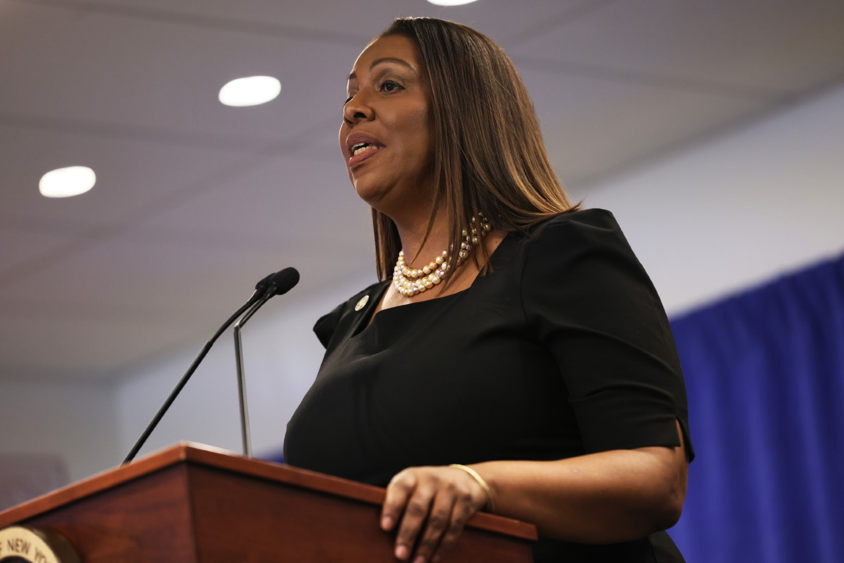 Attorney General Letitia James speaks during a press conference following a verdict against former U.S. President Donald Trump in a civil fraud trial on February 16, 2024 in New York City. (Michael M. Santiago/Getty Images)