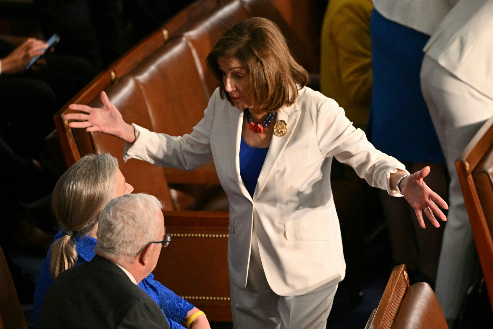 Rep. Nancy Pelosi (D-CA) gestures prior to U.S. President Joe Biden's State of the Union address in the House Chamber of the U.S. Capitol in Washington, DC, on March 7, 2024. (MANDEL NGAN/AFP via Getty Images)