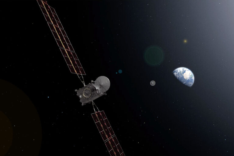 An illustration of the Earth Return Orbiter bringing samples from Mars back to Earth. After capturing the samples in orbit around Mars, the orbiter would return to Earth and release its Earth Entry System, which is depicted here in the distance. (NASA/ESA/JPL-Caltech/GSFC)