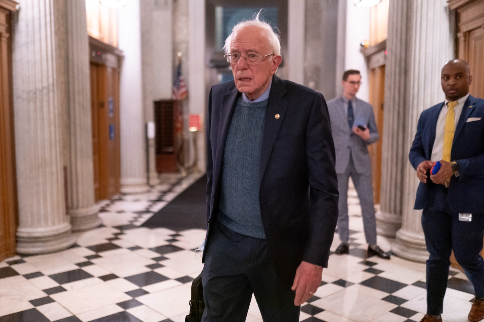 U.S. Sen. Bernie Sanders (R) (I-VT) walks toward the Senate Chambers on March 23, 2024 in Washington, DC. (Nathan Howard/Getty Images)