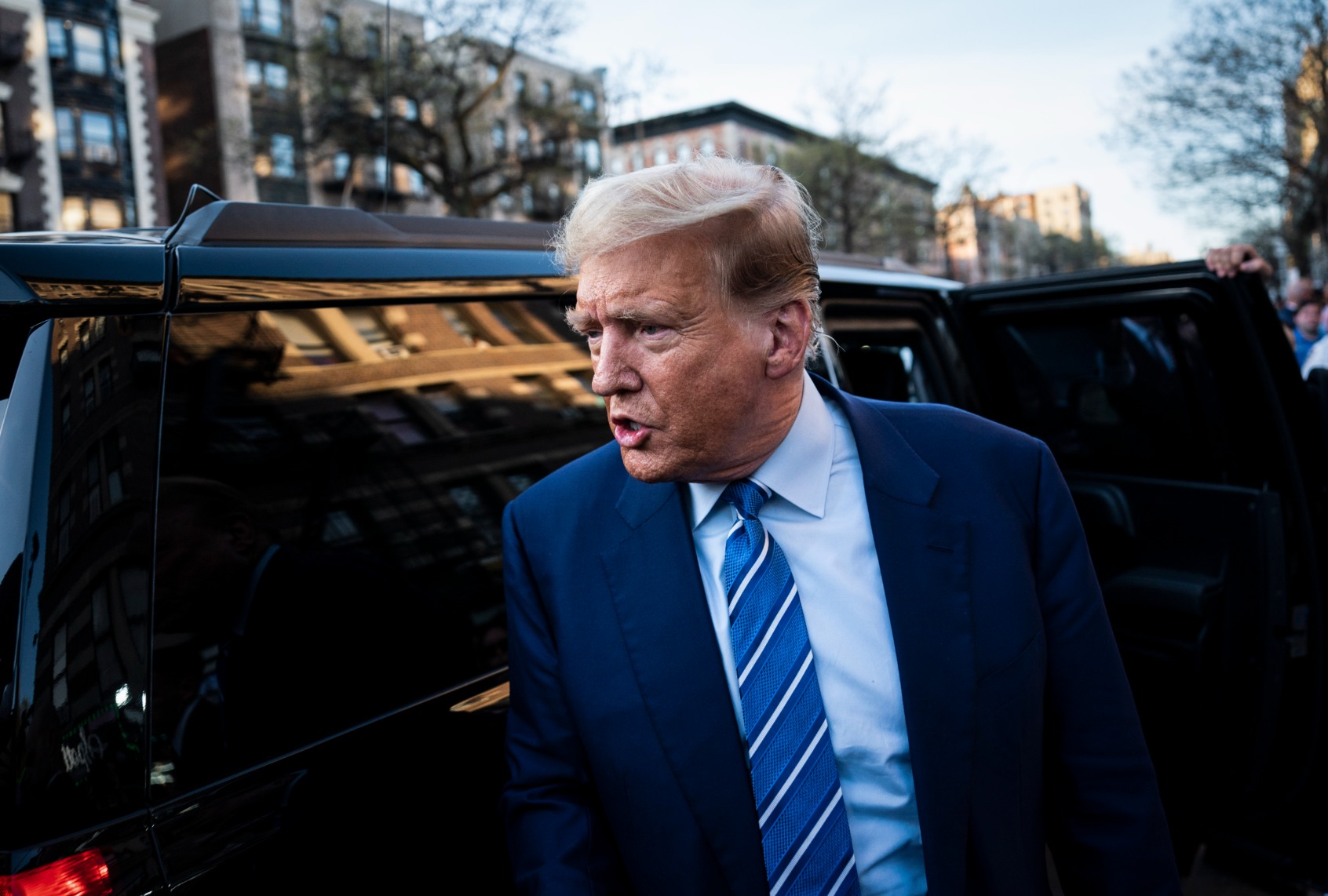 Former President Donald Trump departs after visiting a bodega in upper Manhattan, minutes after leaving Manhattan criminal court, in New York, NY on Tuesday, April 16, 2024. (Jabin Botsford/The Washington Post via Getty Images)