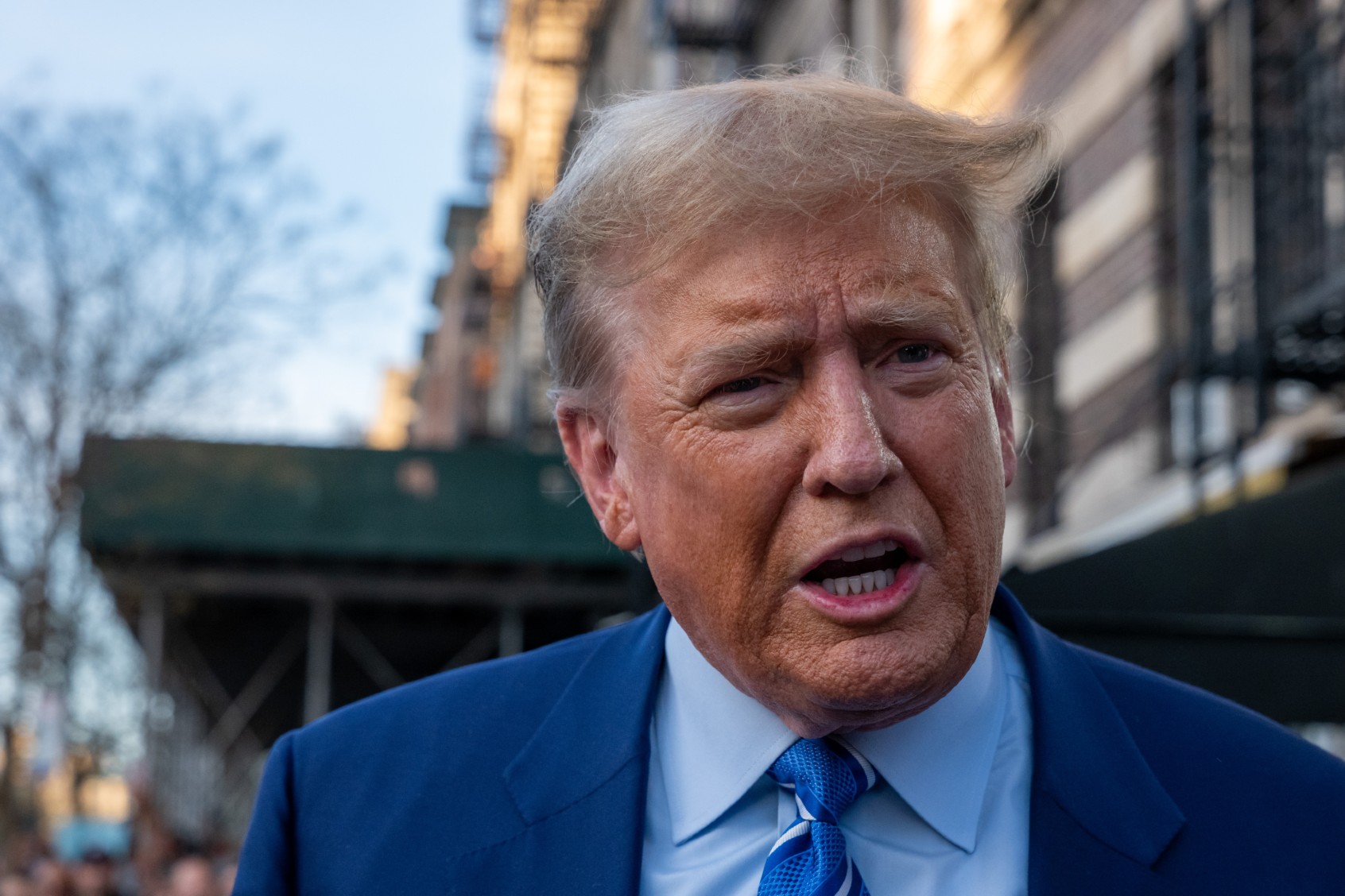 Former president Donald Trump visits a bodega in upper Manhattan where a worker was assaulted by a man in 2022 and ended up killing him in an ensuing fight on April 16, 2024 in New York City. (Spencer Platt/Getty Images)