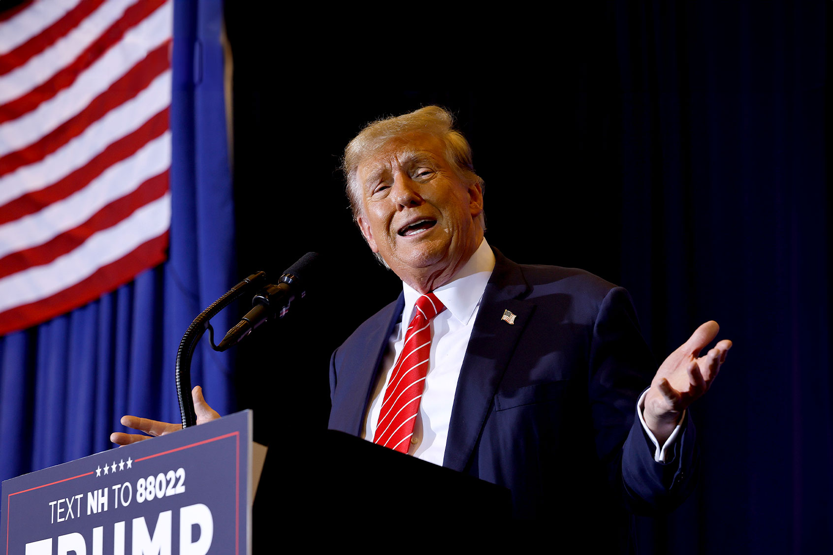 Republican presidential candidate and former President Donald Trump speaks during a campaign rally at the Grappone Convention Center on January 19, 2024 in Concord, New Hampshire. (Chip Somodevilla/Getty Images)