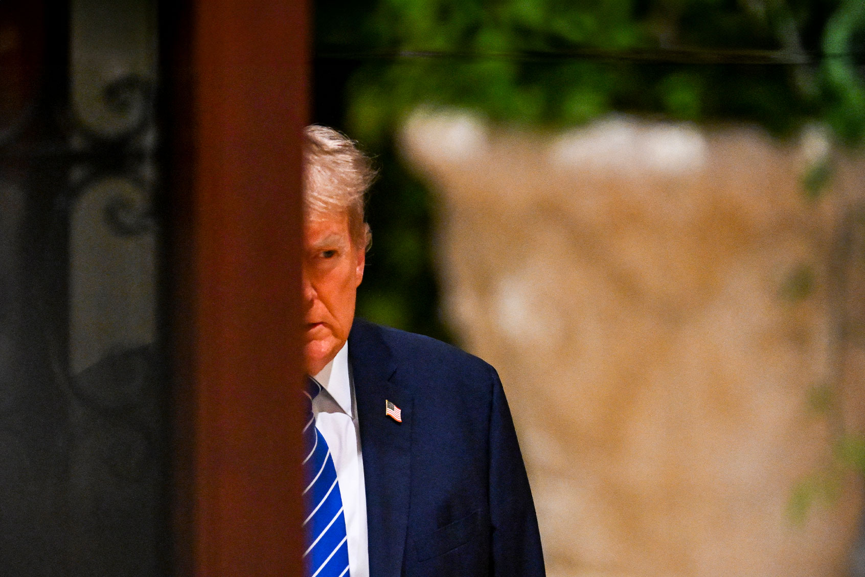 Former US President and 2024 presidential hopeful Donald Trump arrives to speak during a Super Tuesday election night watch party at Mar-a-Lago Club in Palm Beach, Florida, on March 5, 2024. (CHANDAN KHANNA/AFP via Getty Images)
