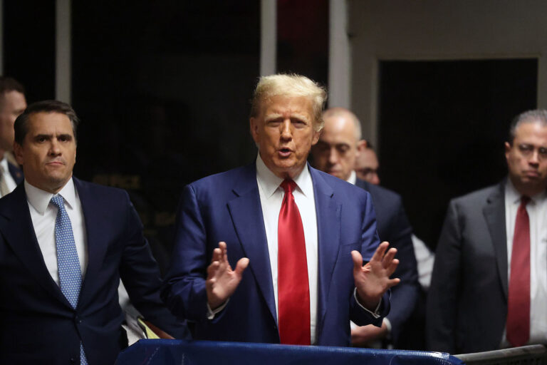 Former U.S. President Donald Trump speaks as he leaves the court after a pre-trial hearing in a hash money case in criminal court on March 25, 2024 in New York City. (Spencer Platt/Getty Images)