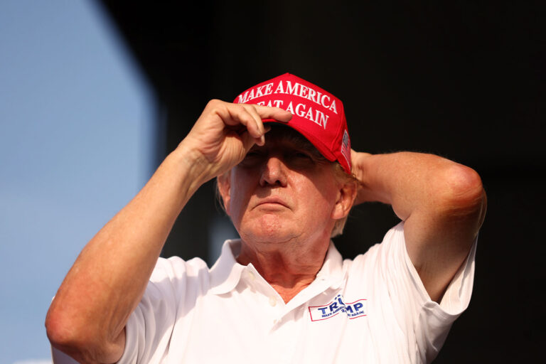 Former U.S. President Donald Trump looks on at the 18th green during day three of the LIV Golf Invitational - Miami at Trump National Doral Miami on April 07, 2024 in Doral, Florida. (Megan Briggs/Getty Images)