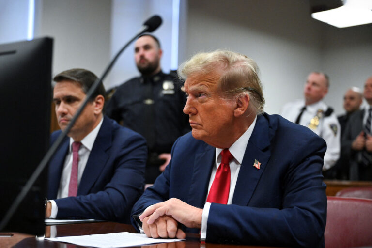 Former US President Donald Trump attends the first day of his trial for allegedly covering up hush money payments linked to extramarital affairs, at Manhattan Criminal Court in New York City on April 15, 2024. (ANGELA WEISS/POOL/AFP via Getty Images)
