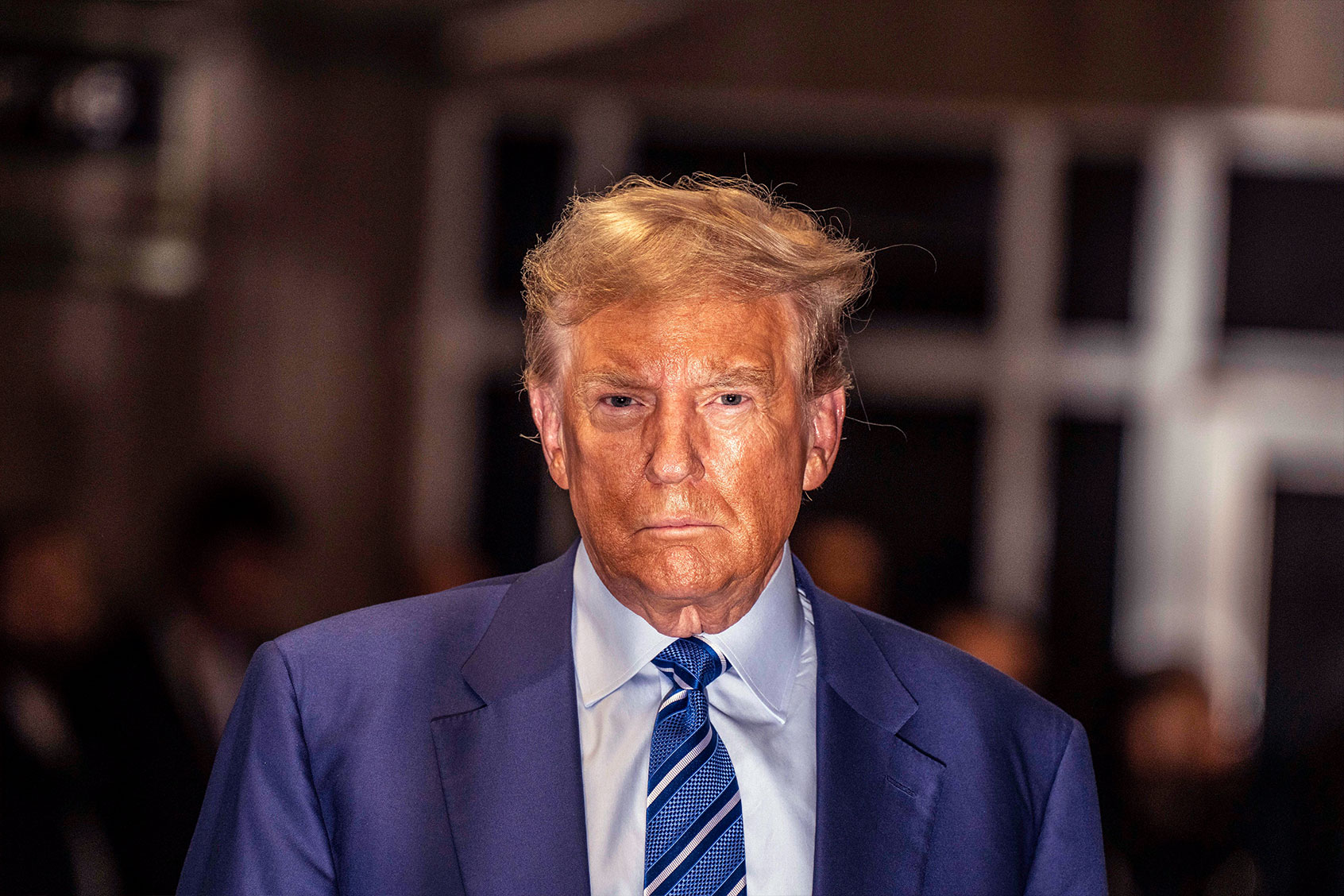 Former President Donald Trump talks to reporters as he leaves court on the second day of his criminal trial at Manhattan Criminal Court on April 16, 2024 in New York City. (Mark Peterson-Pool/Getty Images)