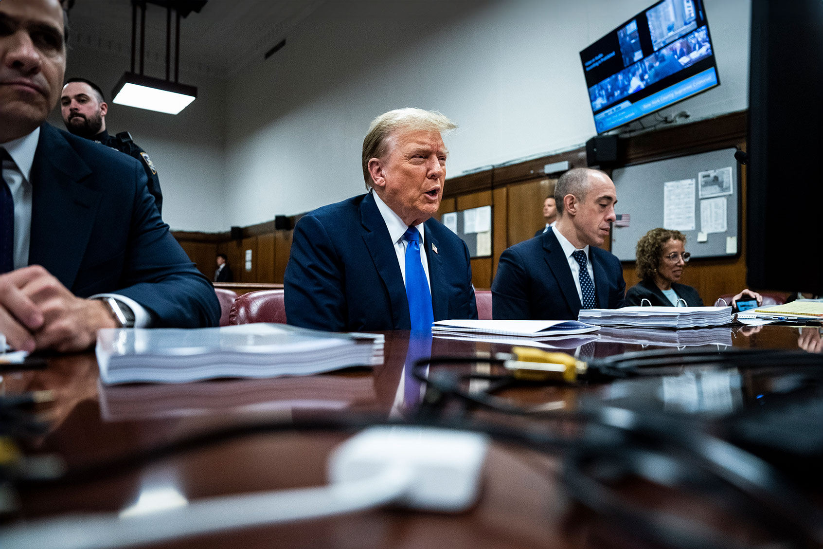 Former U.S. President Donald Trump (C), flanked by attorneys Todd Blanche (L) and Emil Bove (R), arrives for his criminal trial as jury selection continues at Manhattan Criminal Court on April 18, 2024 in New York City. (Jabin Botsford-Pool/Getty Images)