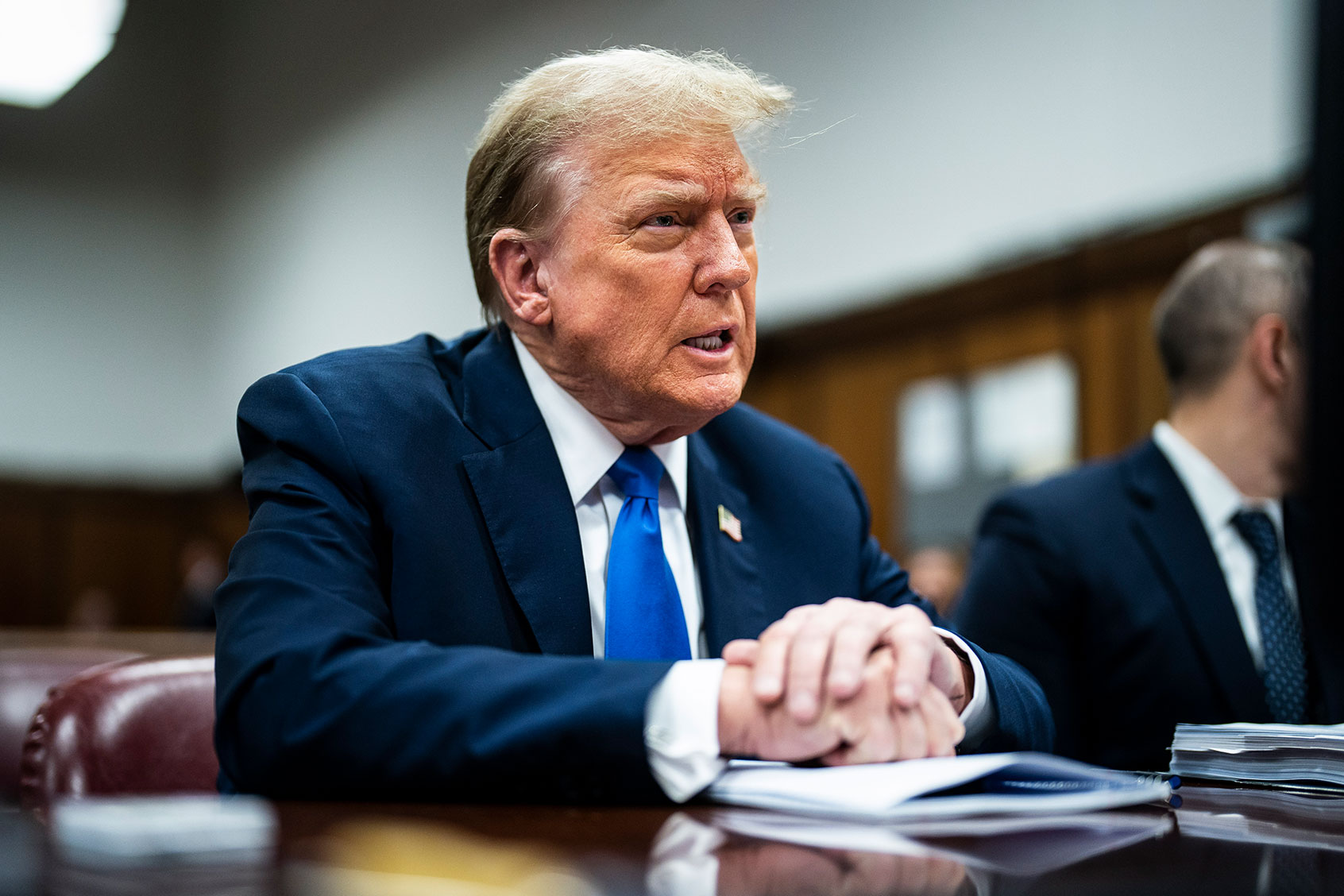 Former U.S. President Donald Trump arrives for his criminal trial as jury selection continues at Manhattan Criminal Court on April 18, 2024 in New York City. (Jabin Botsford-Pool/Getty Images)