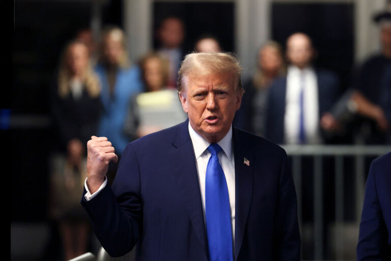Former U.S. President Donald Trump speaks to the media as he leaves court during his trial for allegedly covering up hush money payments at Manhattan Criminal Court on April 22, 2024 in New York City. (Yuki Iwamura-Pool/Getty Images)