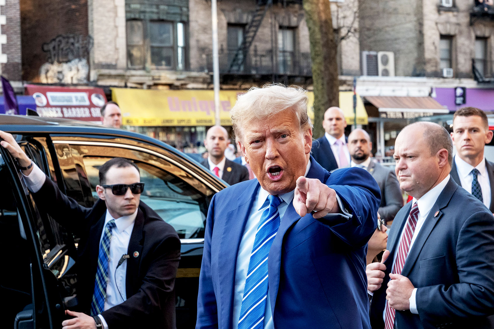 Former President Donald Trump visits a bodega in the Harlem neighborhood of upper Manhattan  on April 16, 2024 in New York City, after spending a second day in court where he faces 34 felony counts of falsifying business records in the first of his criminal cases to go to trial. (Spencer Platt/Getty Images)