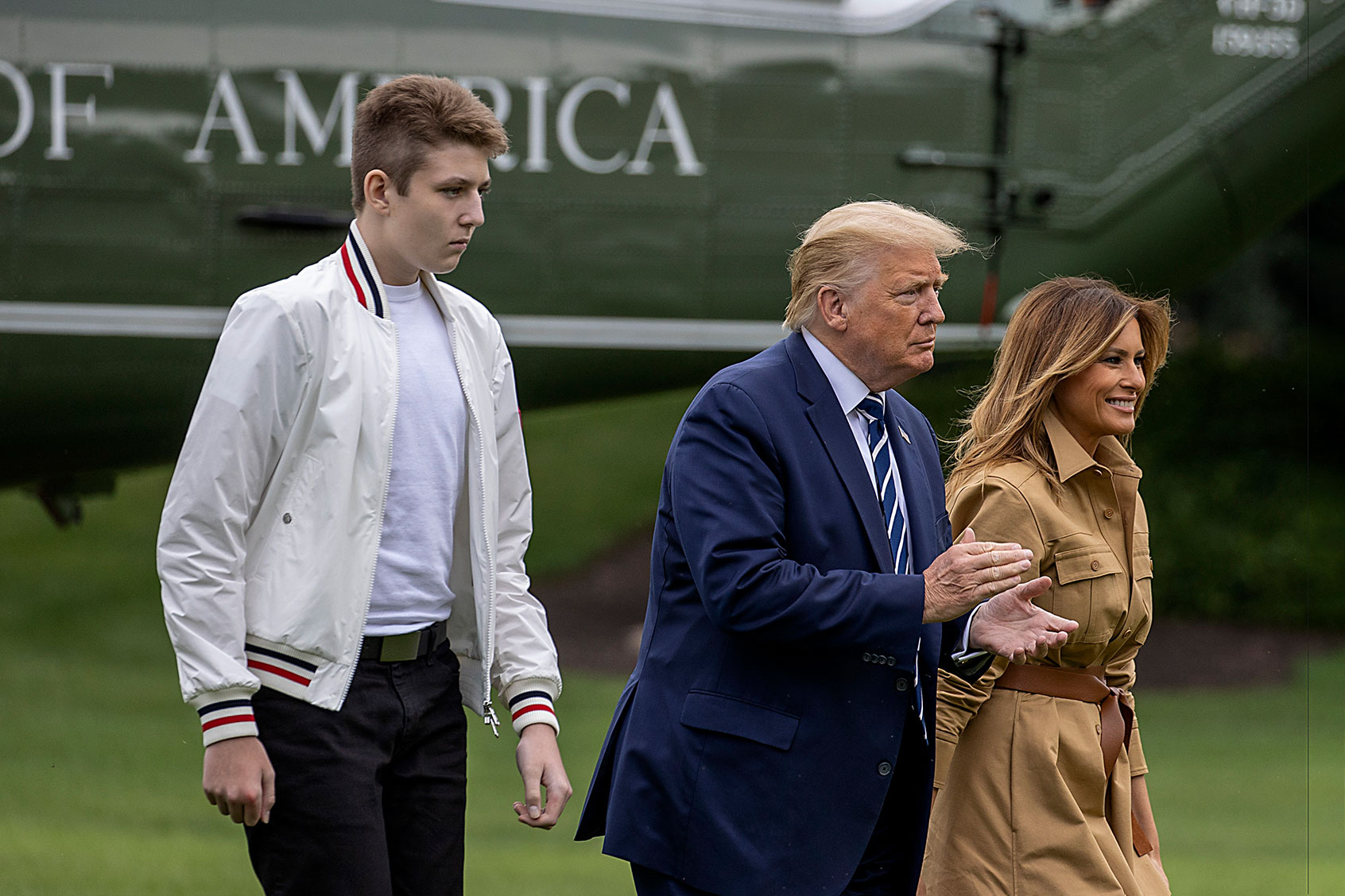 Barron Trump, US President Donald Trump and First lady Melania Trump walk on the South Lawn of the White House on August 16, 2020 in Washington, DC. (Tasos Katopodis/Getty Images)