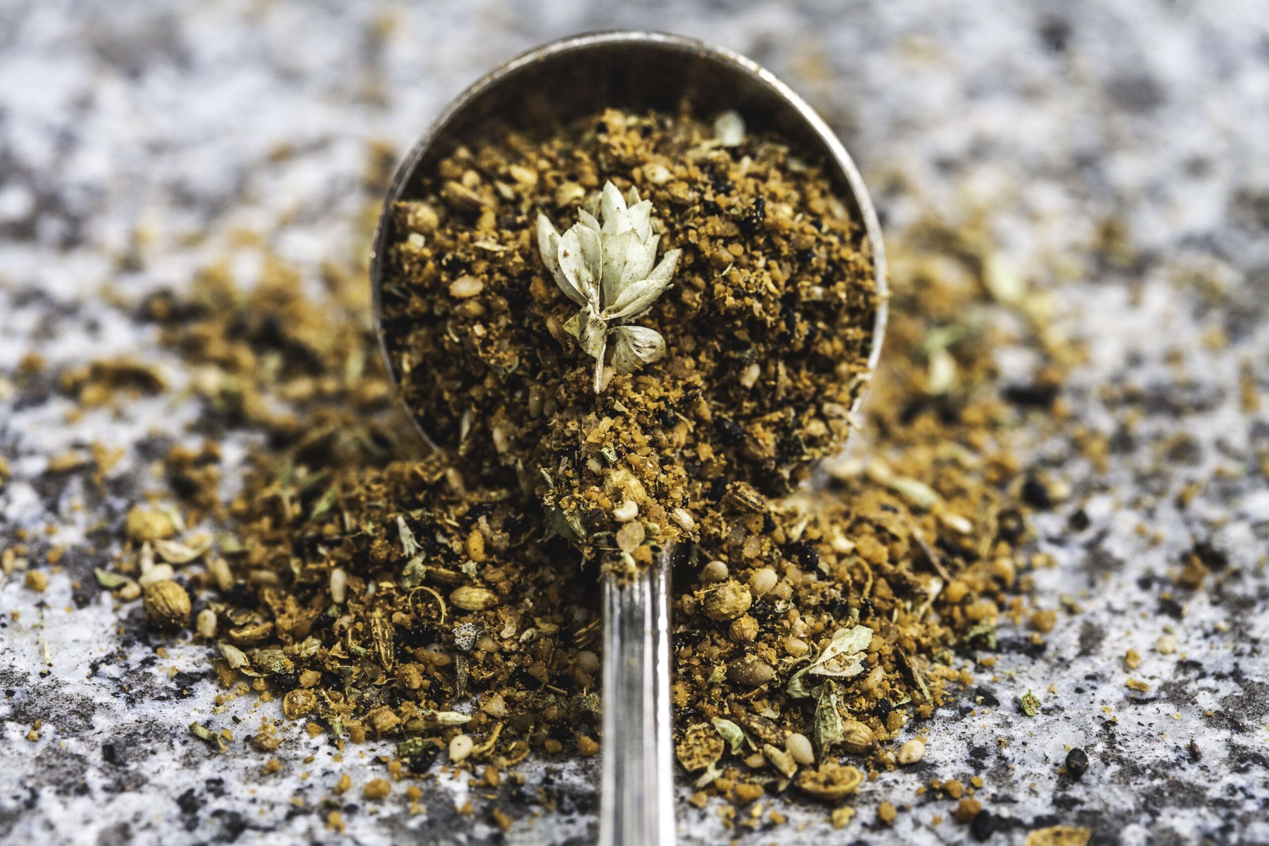 An antique spoon full of dukkah, a spice mix used in middle eastern cooking, spills out onto a stone table top. (Enrique Díaz / 7cero / Getty Images)