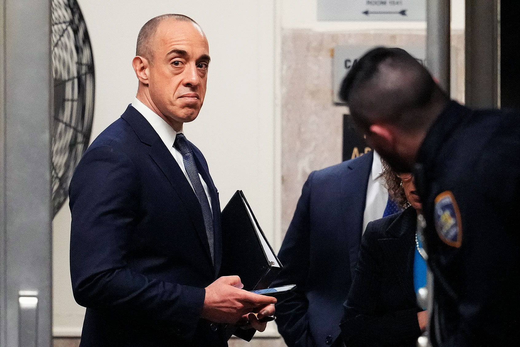 Emil Bove, attorney for former U.S. President Donald Trump, returns to the courtroom after a recess on the second day of his criminal trial at Manhattan Criminal Court on April 16, 2024 in New York City. (Mary Altaffer-Pool/Getty Images)