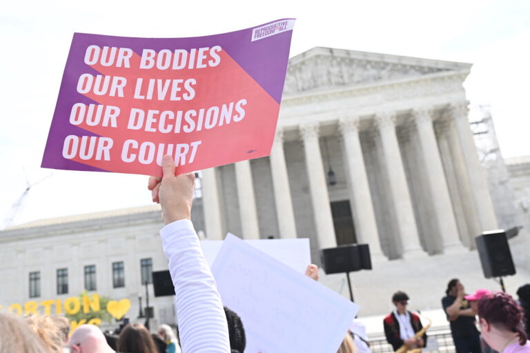 Pro-abortion activists rally for "reproductive rights and emergency abortion care" outside the US Supreme Court as it hears arguments in the Moyle v. United States case, in Washington, DC, on April 24, 2024. The case deals with whether an Idaho abortion law conflicts with the federal Emergency Medical Treatment and Labor Act (EMTALA). ((Photo by SAUL LOEB/AFP via Getty Images))