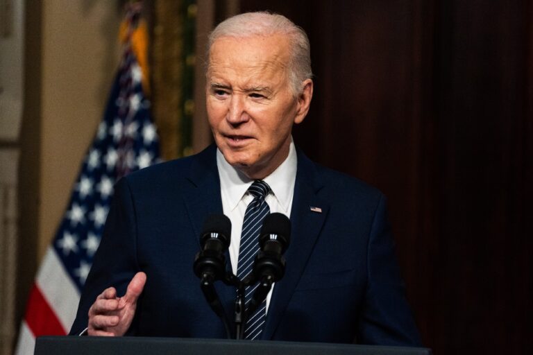 President Joe Biden delivers remarks regarding lowering health care costs during an event in the Indian Treaty Room at the Eisenhower Executive Office Building in Washington, Wednesday, April 3, 2024. (Demetrius Freeman/The Washington Post via Getty Images)